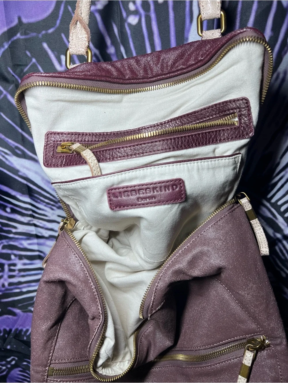 Liebeskind Purple Leather Shoulder Bag with Cream Handles